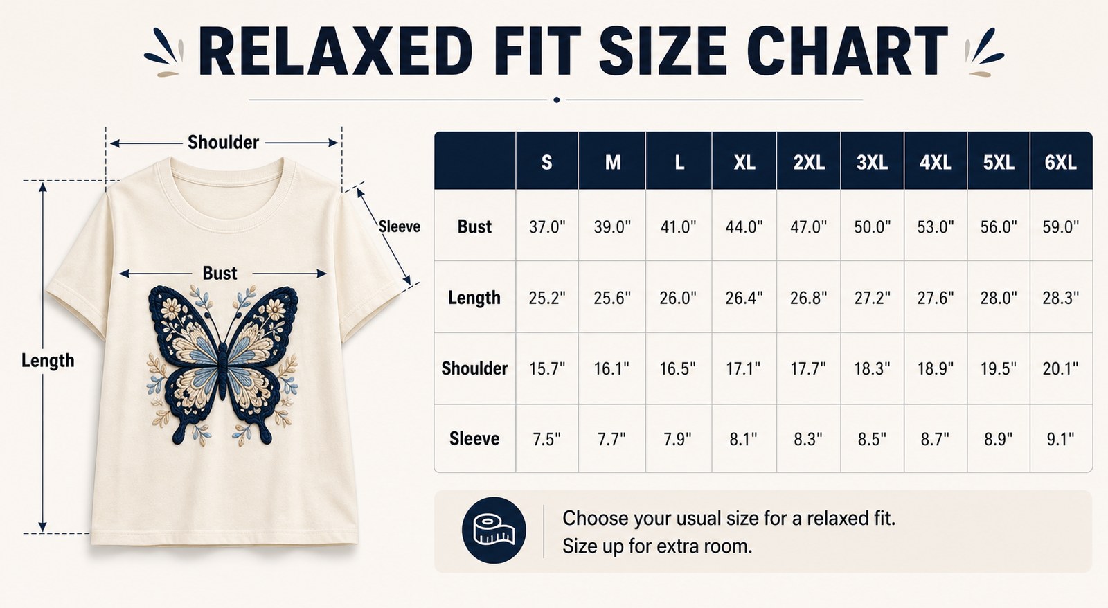 Relaxed fit size chart for crochet butterfly graphic tee S to 6XL