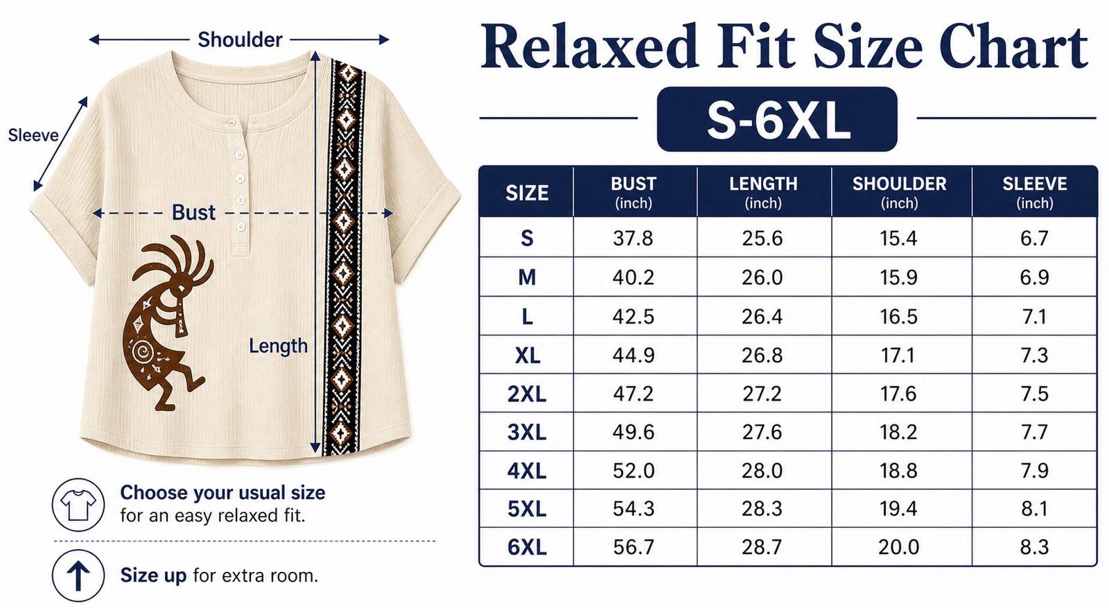 Relaxed fit size chart for Southwest Kokopelli henley top S to 6XL