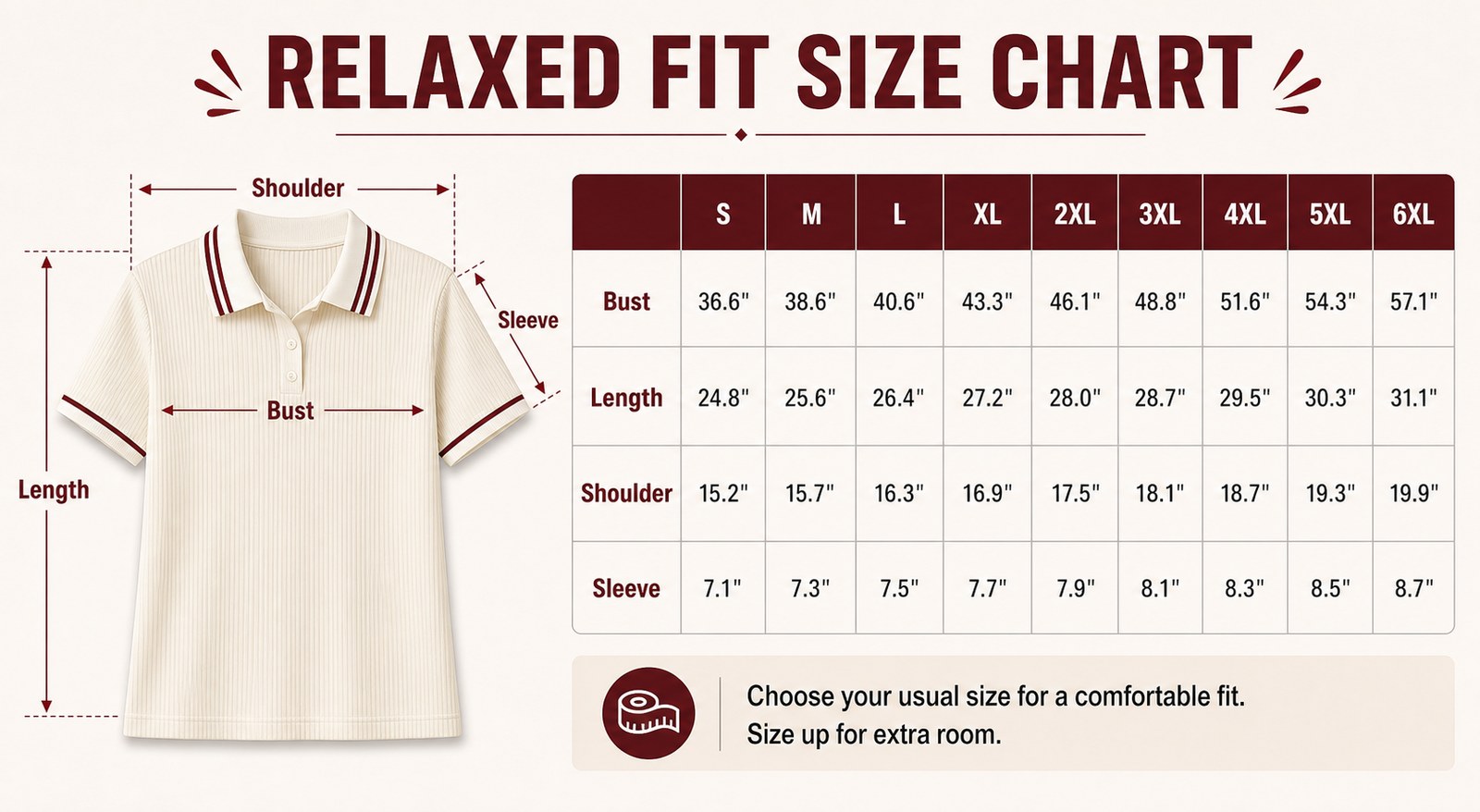 Relaxed fit size chart for ribbed contrast collar polo tee S to 6XL