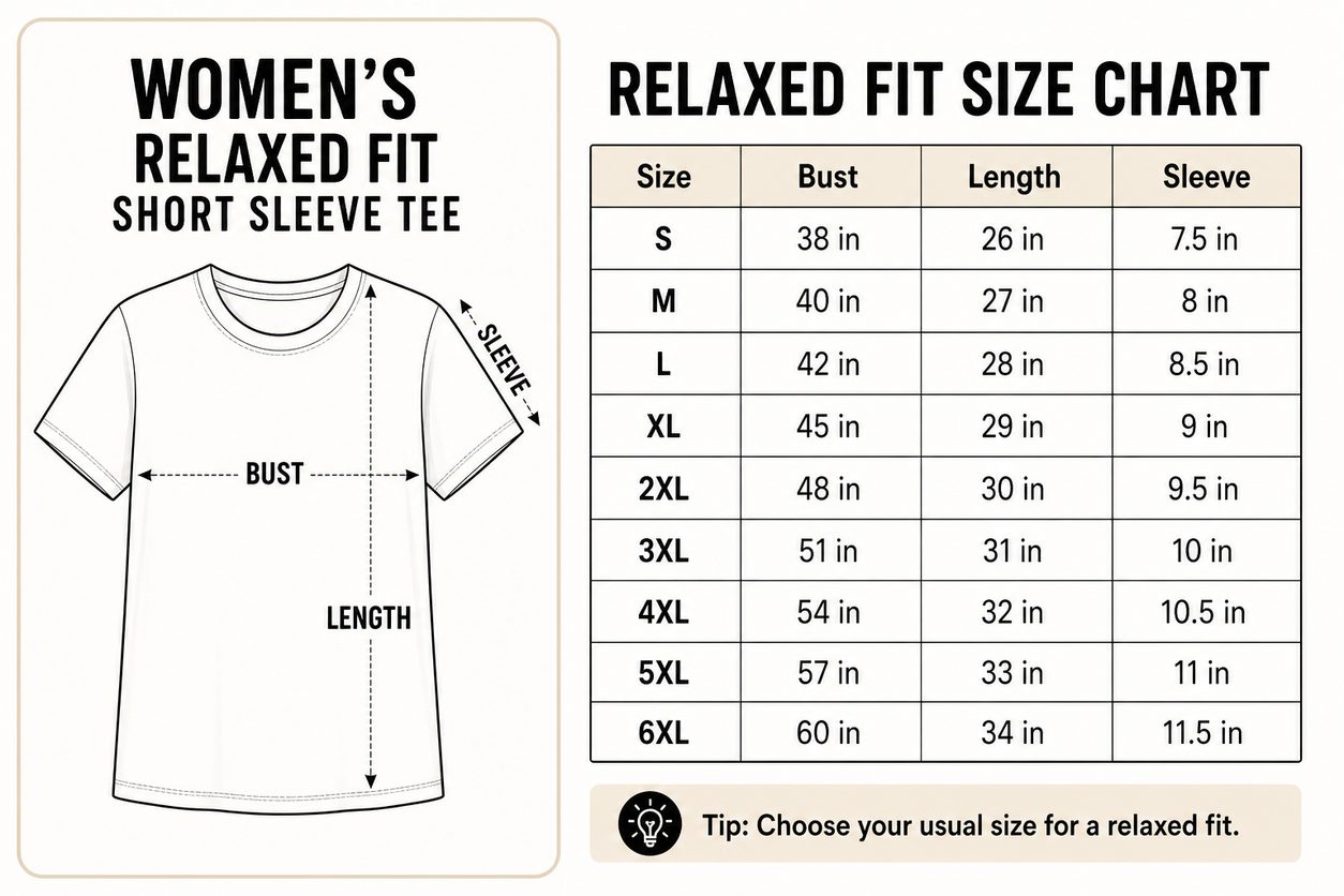 Relaxed fit size chart S-6XL