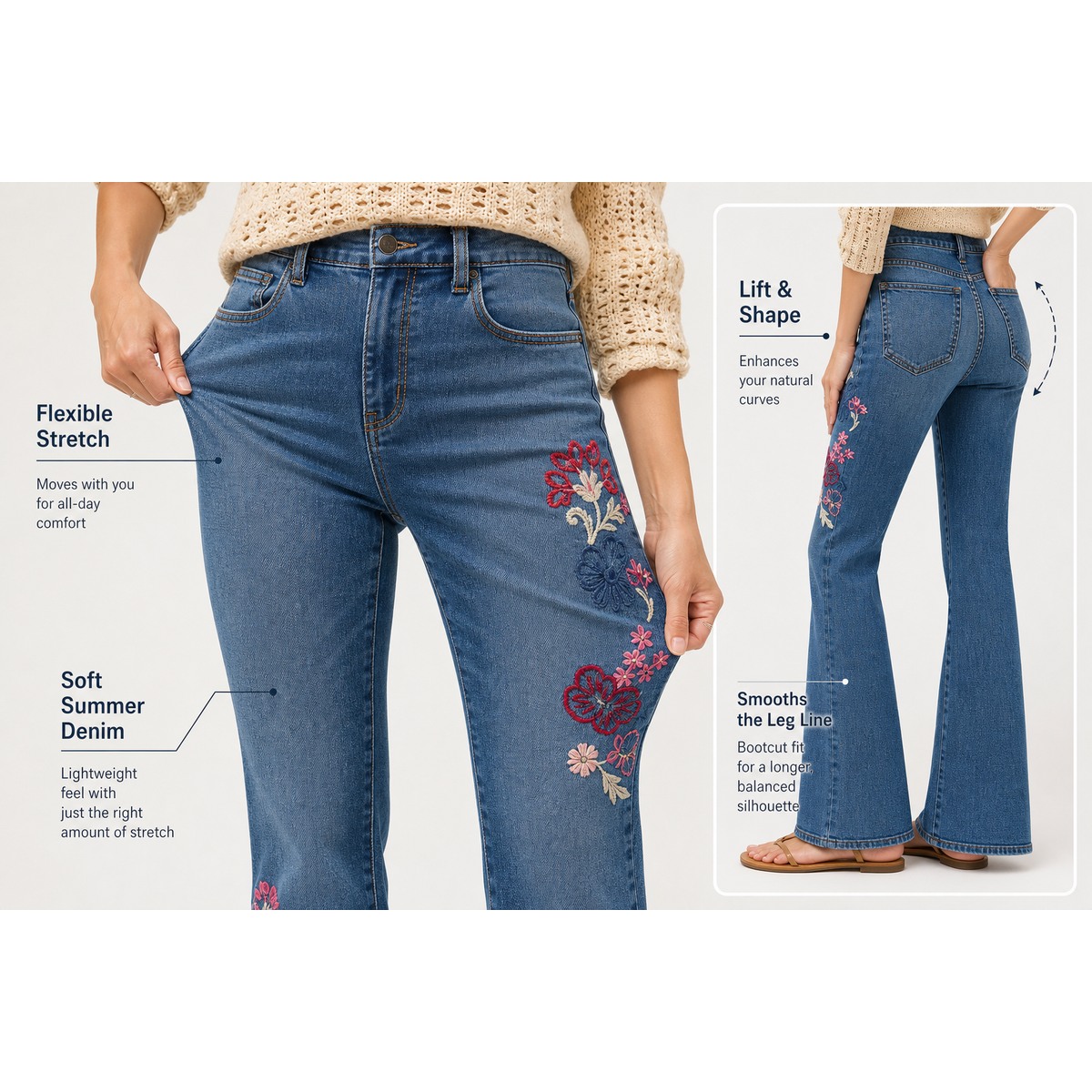 Stretch denim lift and shape feature