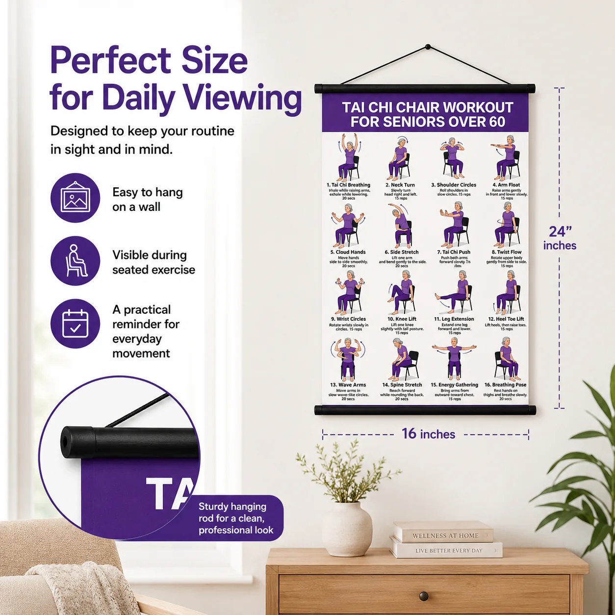 🔥Most Popular in 2026🔥Chair Tai Chi Workout Poster for Seniors – 16 Seated Exercises for Balance & Flexibility (16×24 in)