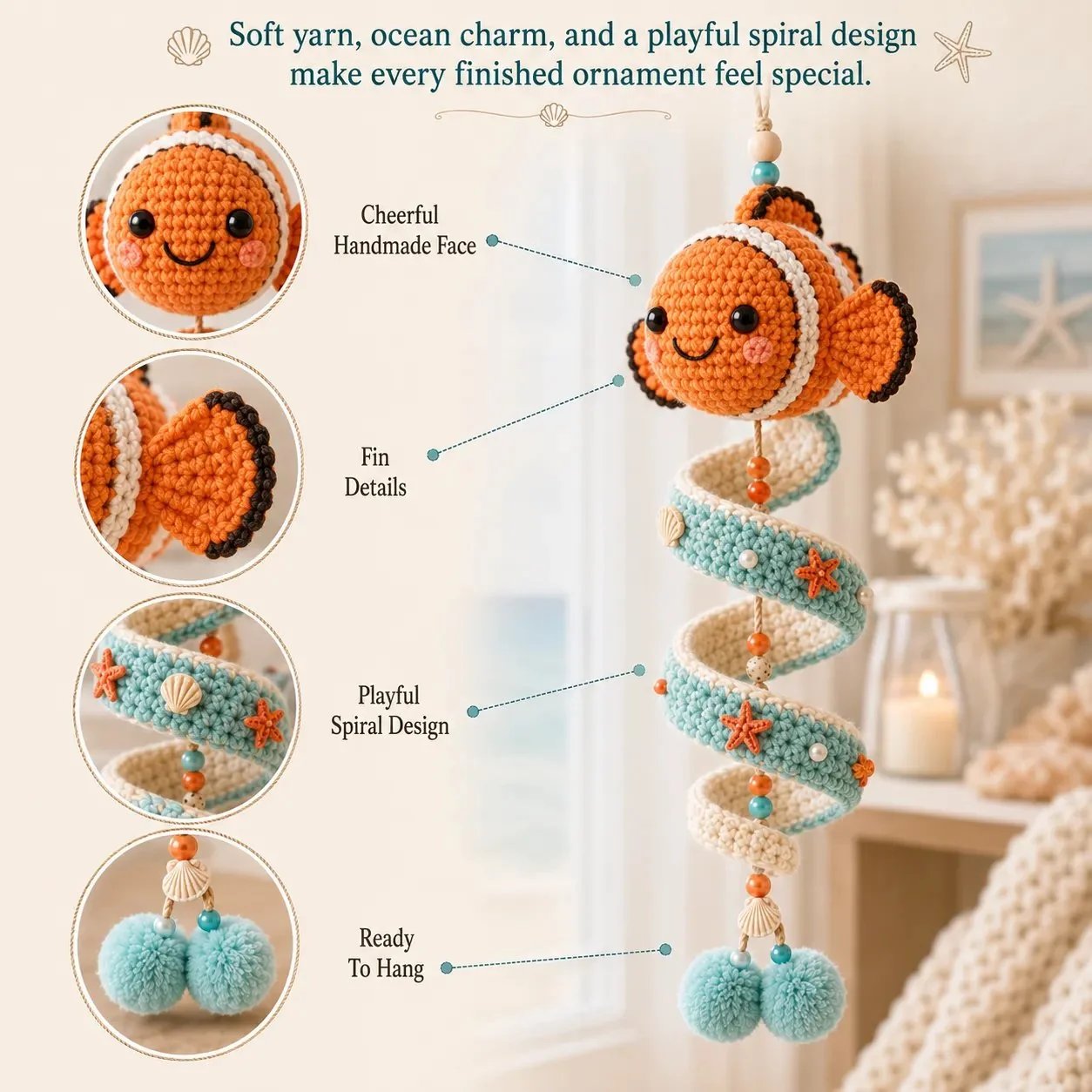 🔥Last Day 50% OFF🌊 Sea-animal themed crochet hanging kit (spiral) for beginners | Complete kit with all tools and step-by-step guide included 💕