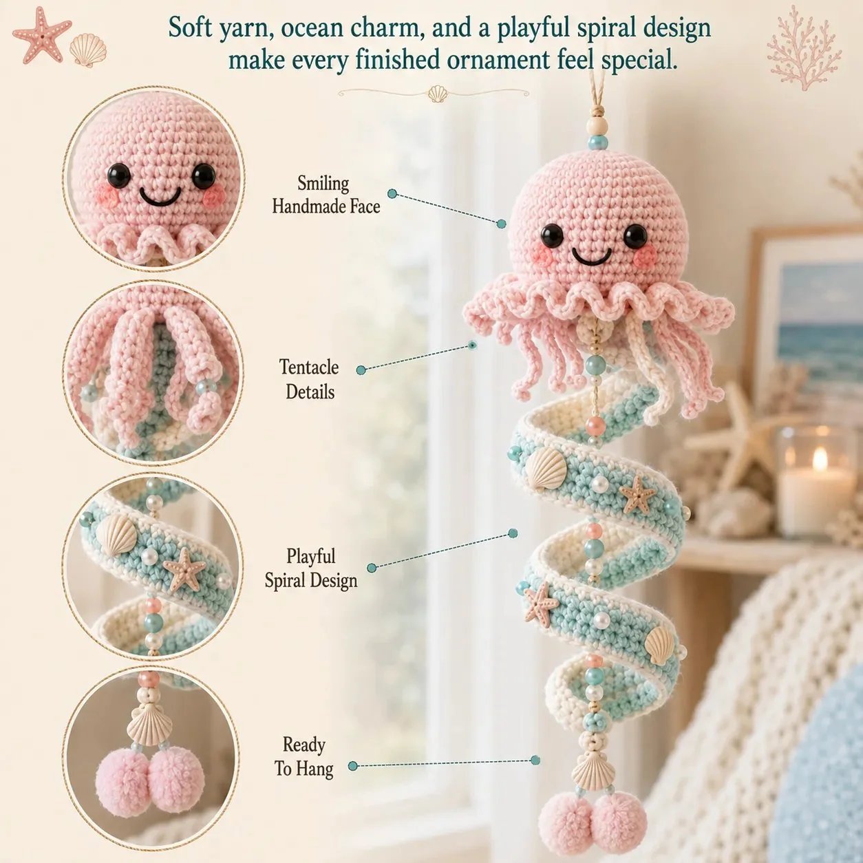 🔥Last Day 50% OFF🌊 Sea-animal themed crochet hanging kit (spiral) for beginners | Complete kit with all tools and step-by-step guide included 💕