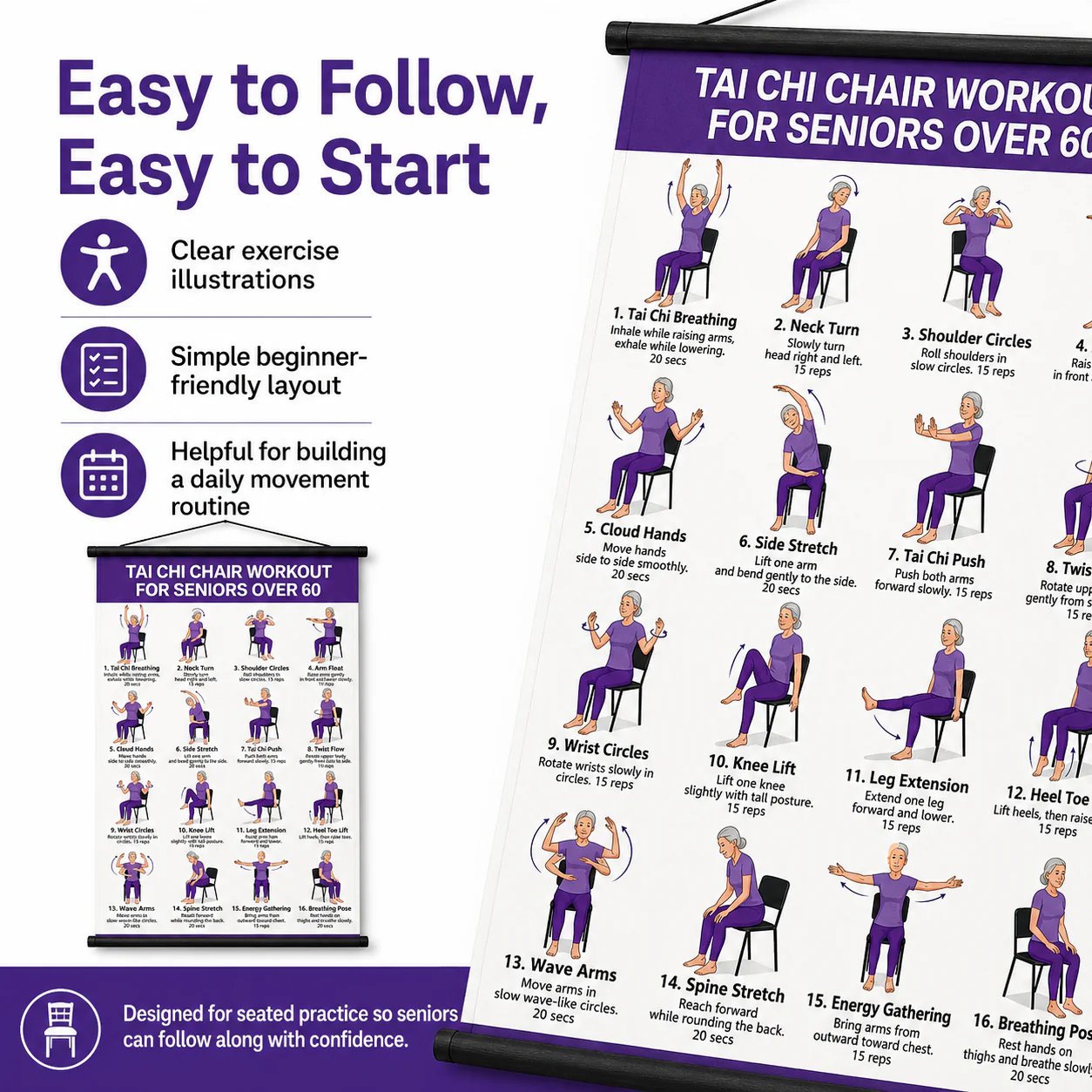 🔥Most Popular in 2026🔥Chair Tai Chi Workout Poster for Seniors – 16 Seated Exercises for Balance & Flexibility (16×24 in)
