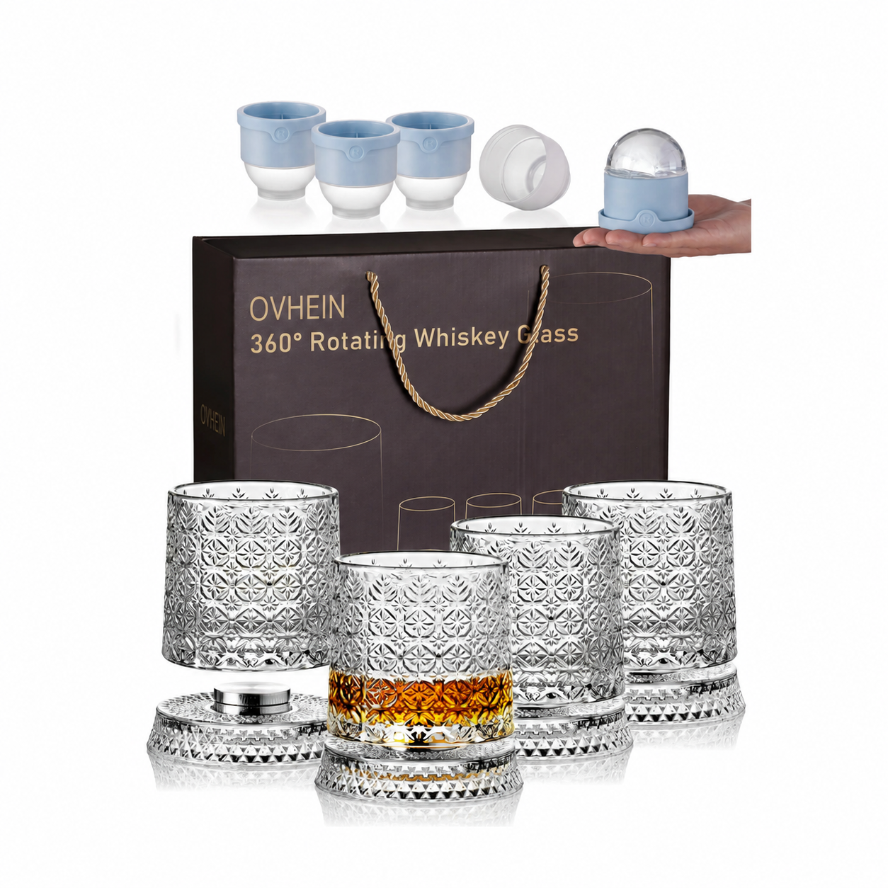 4-Pack Rotating Crystal Whiskey Glasses with4 Ice Ball Molds & Gift Box