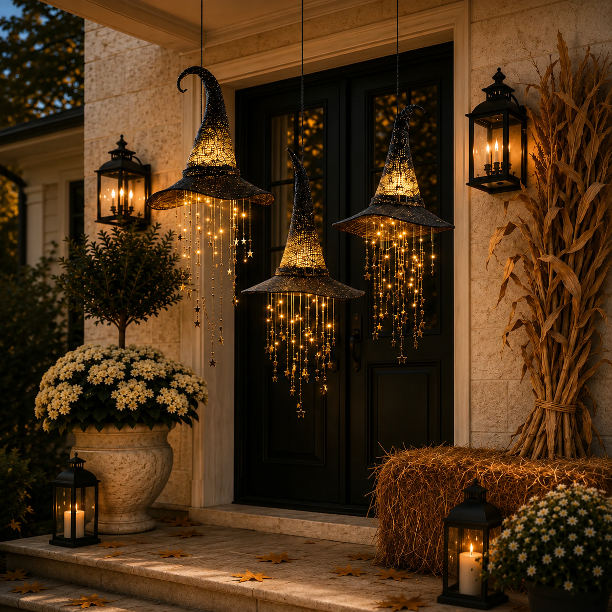 Warm glowing witch hat Halloween light for porch window entryway