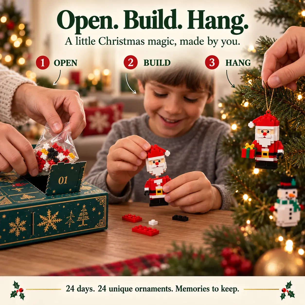 Three steps: take out the day&rsquo;s bricks, assemble a Santa ornament, and hang the finished Santa on a Christmas tree