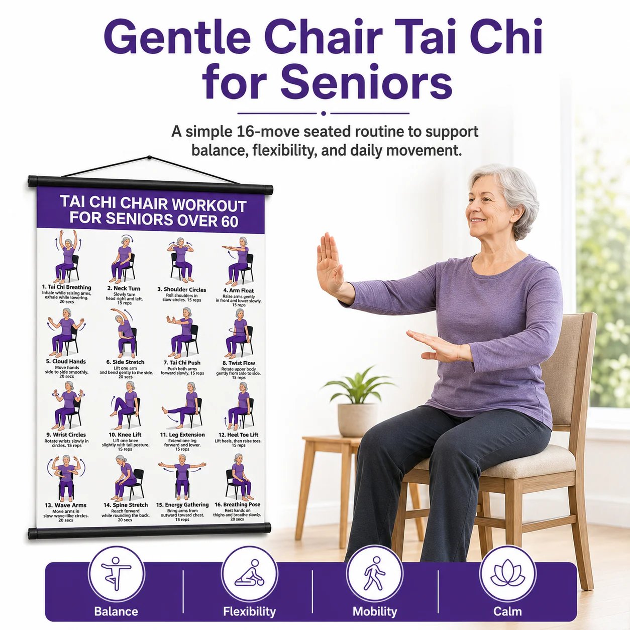 🔥Most Popular in 2026🔥Chair Tai Chi Workout Poster for Seniors – 16 Seated Exercises for Balance & Flexibility (16×24 in)