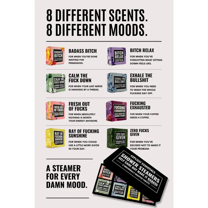 Eight different scent varieties in one shower steamer gift set