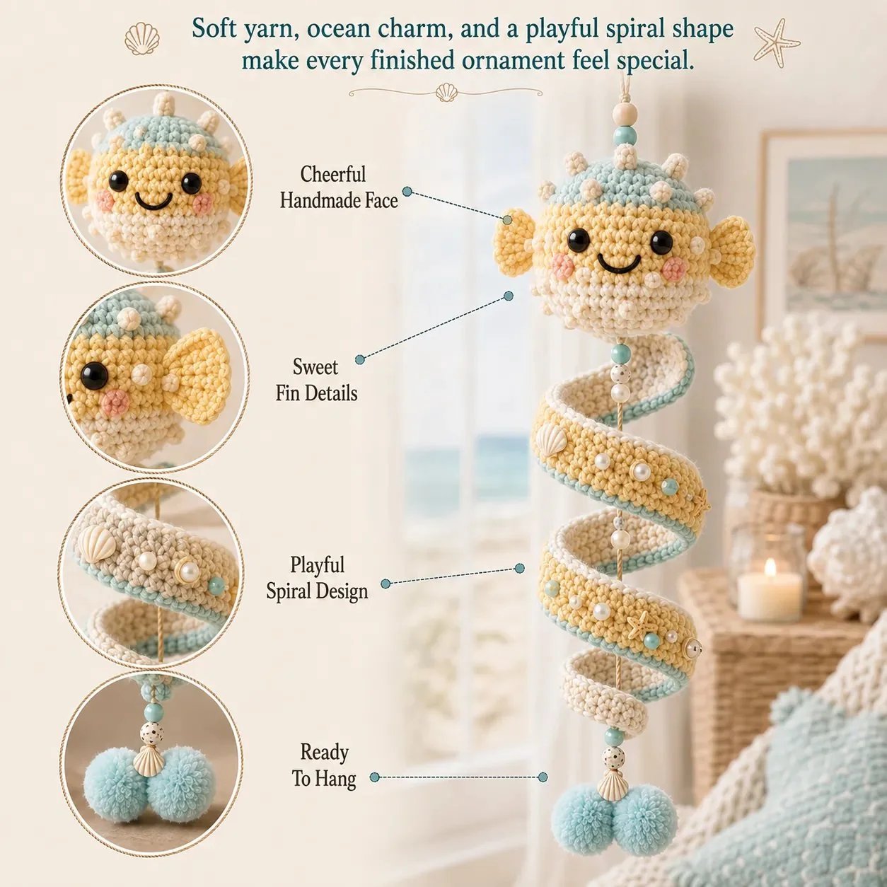 🔥Last Day 50% OFF🌊 Sea-animal themed crochet hanging kit (spiral) for beginners | Complete kit with all tools and step-by-step guide included 💕