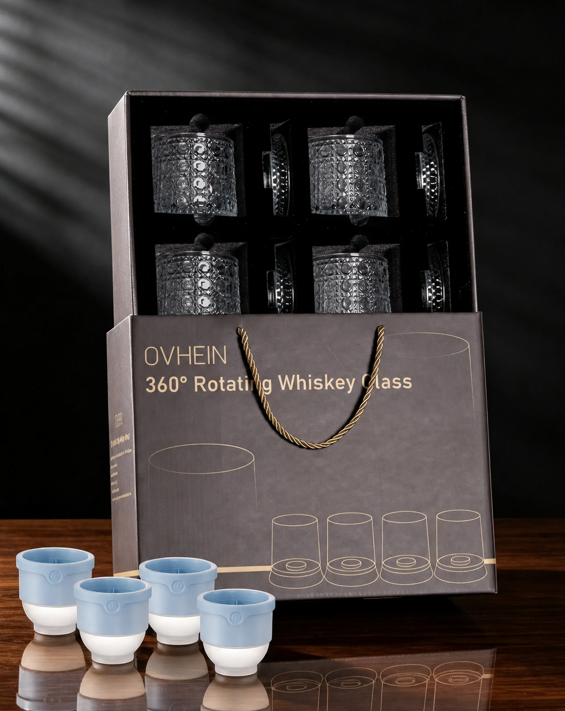 4-Pack Rotating Crystal Whiskey Glasses with4 Ice Ball Molds & Gift Box