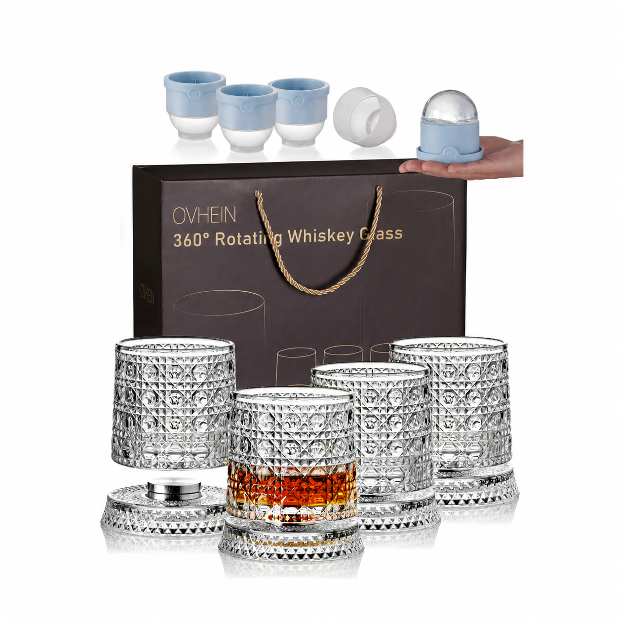 4-Pack Rotating Crystal Whiskey Glasses with4 Ice Ball Molds & Gift Box