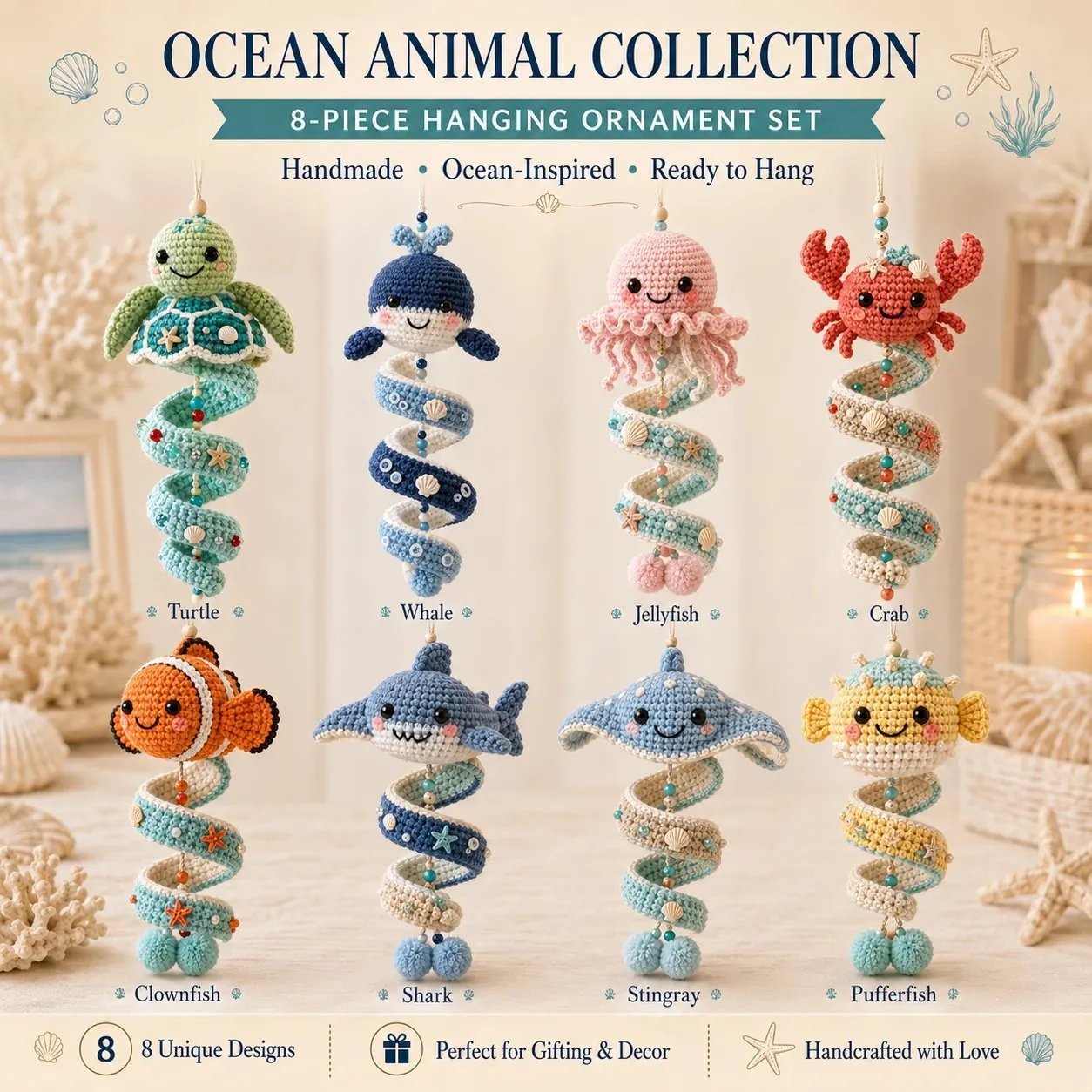 🔥Last Day 50% OFF🌊 Sea-animal themed crochet hanging kit (spiral) for beginners | Complete kit with all tools and step-by-step guide included 💕