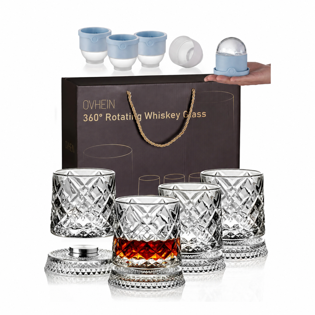 4-Pack Rotating Crystal Whiskey Glasses with4 Ice Ball Molds & Gift Box