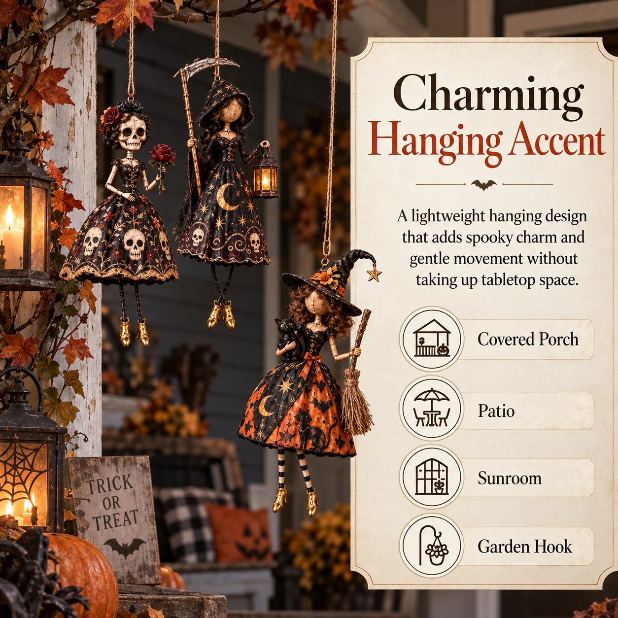 Midnight Ladies hanging Halloween decor on porch