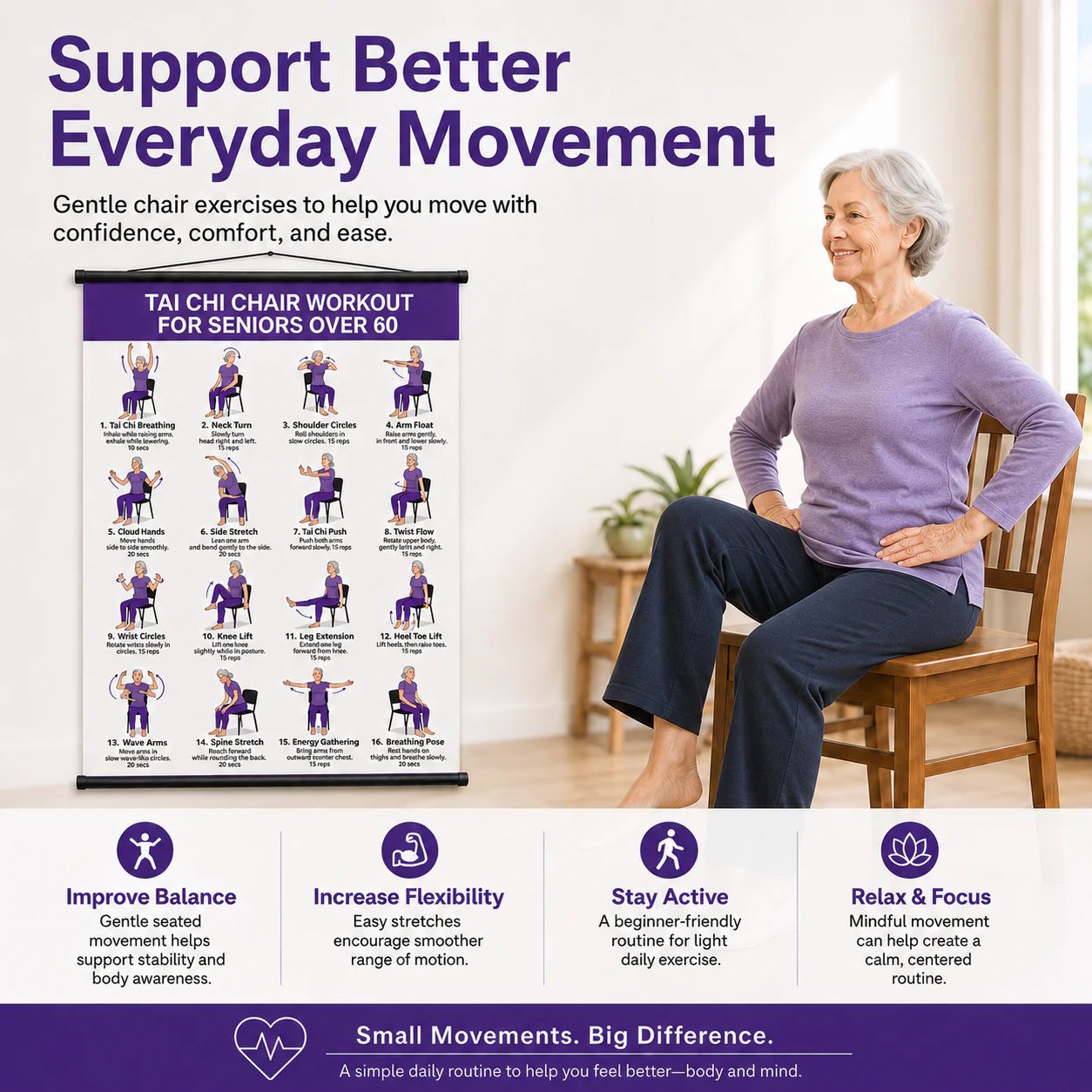 🔥Most Popular in 2026🔥Chair Tai Chi Workout Poster for Seniors – 16 Seated Exercises for Balance & Flexibility (16×24 in)