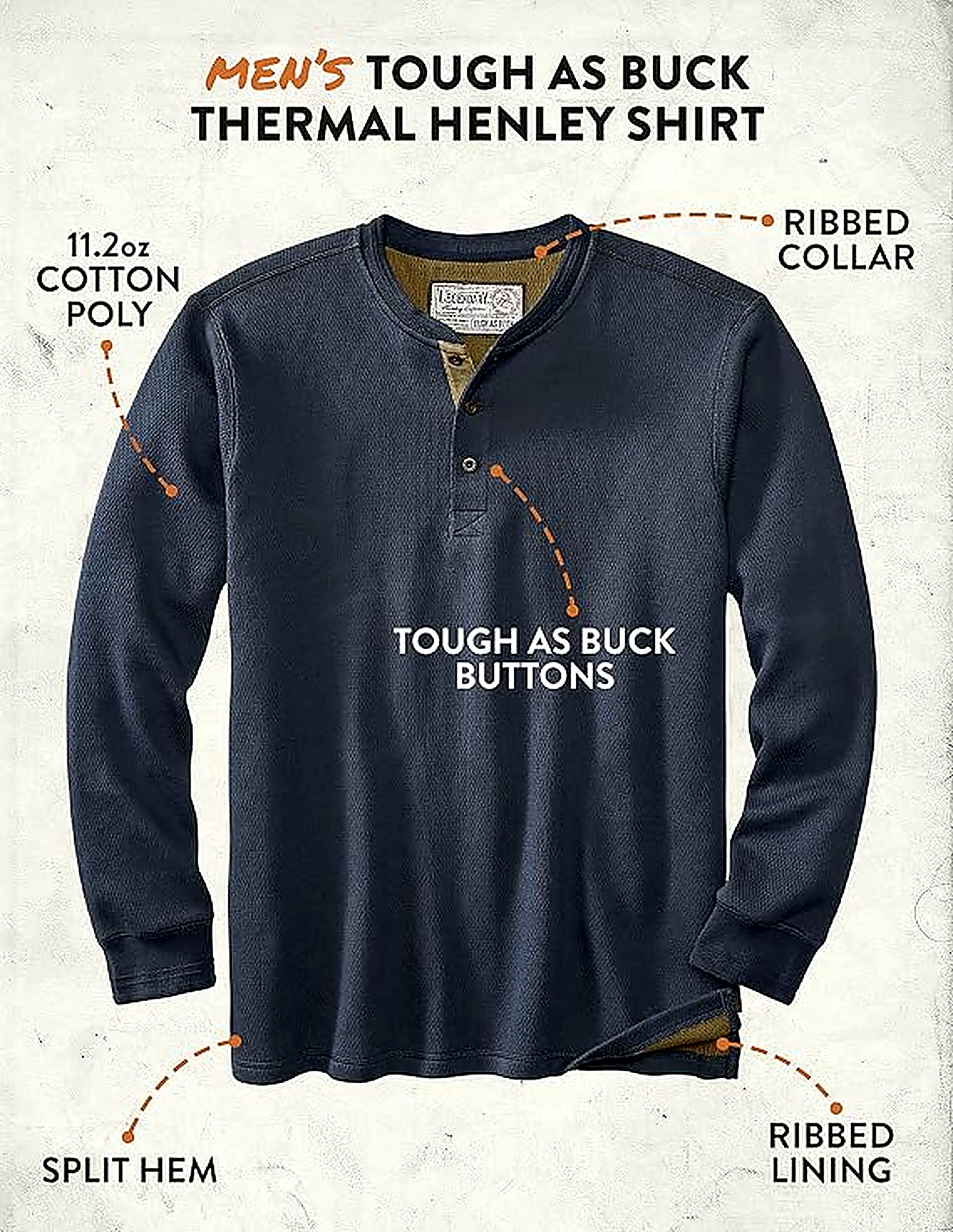 Mens Henley Long Sleeve Thermal Heavyweight Shirt