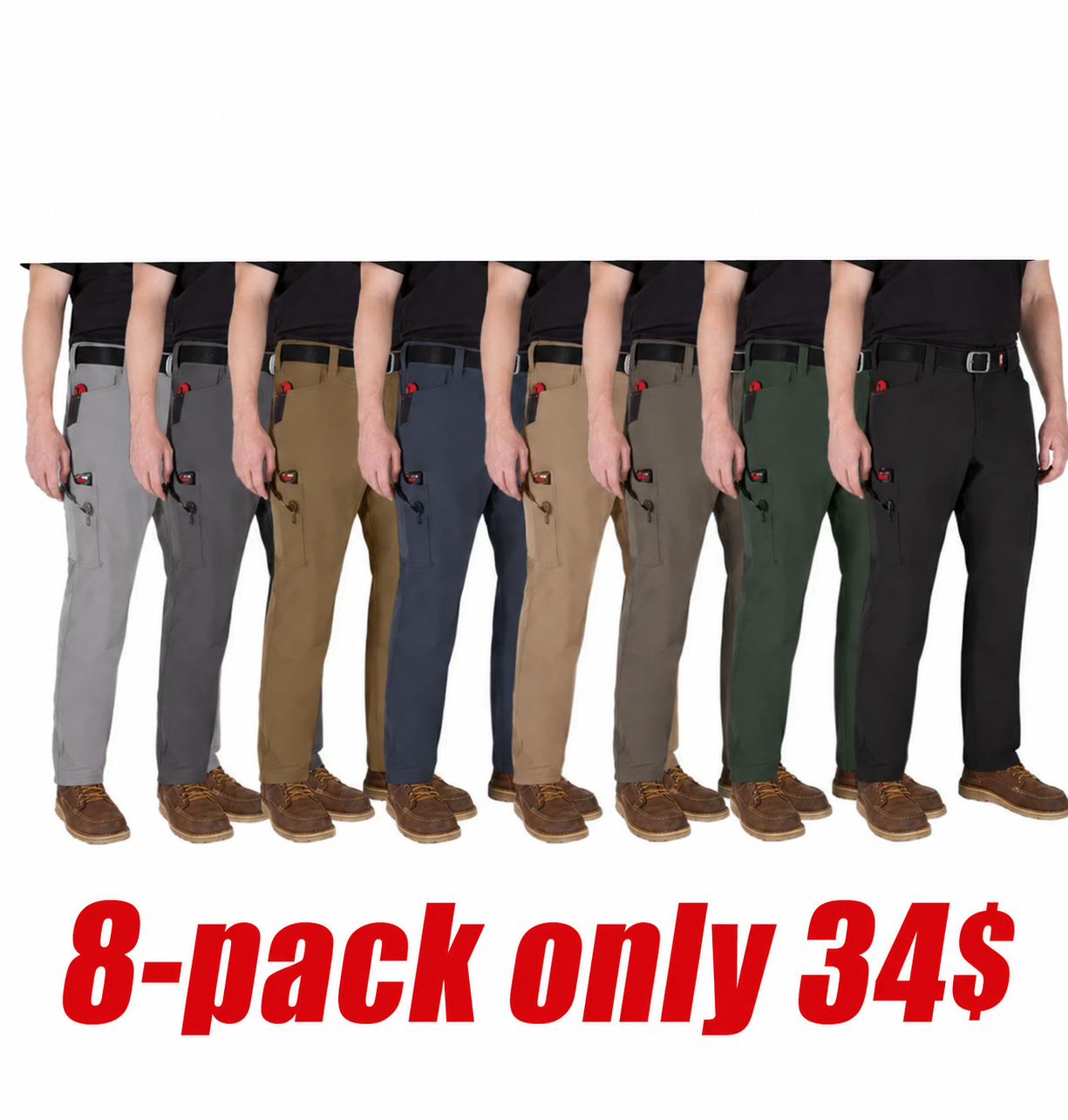 1Men's 8-PACK stretch Tech Work Pants with 7 Pockets