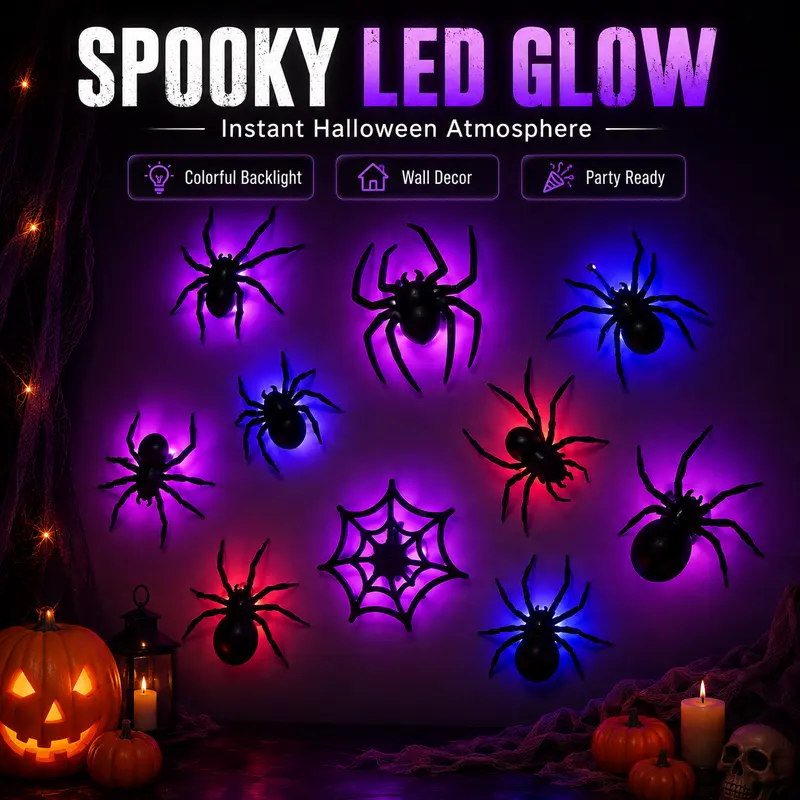 Halloween falmatricák 3D pókokkal és villogó LED fényekkel