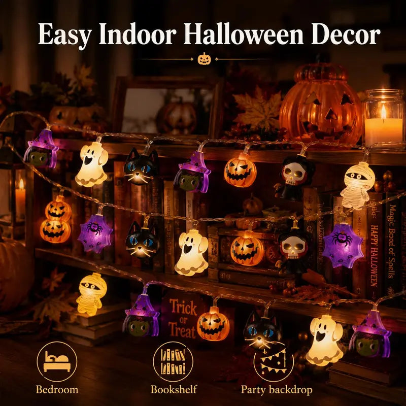 Halloween karakteres LED fényfüzér – tök, szellem és boszorkány dekoráció
