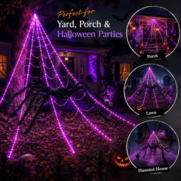 Halloween LED pókháló fények és óriás fekete pók dekoráció | 250 LED, 8 üzemmód, távirányító