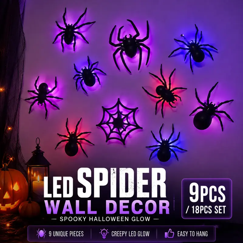Halloween falmatricák 3D pókokkal és villogó LED fényekkel