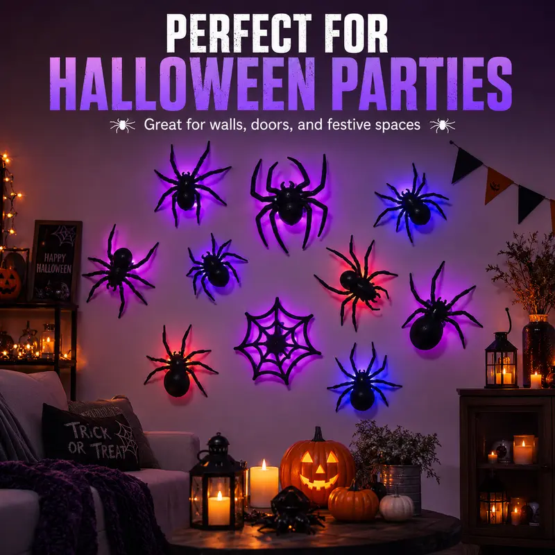 Halloween falmatricák 3D pókokkal és villogó LED fényekkel