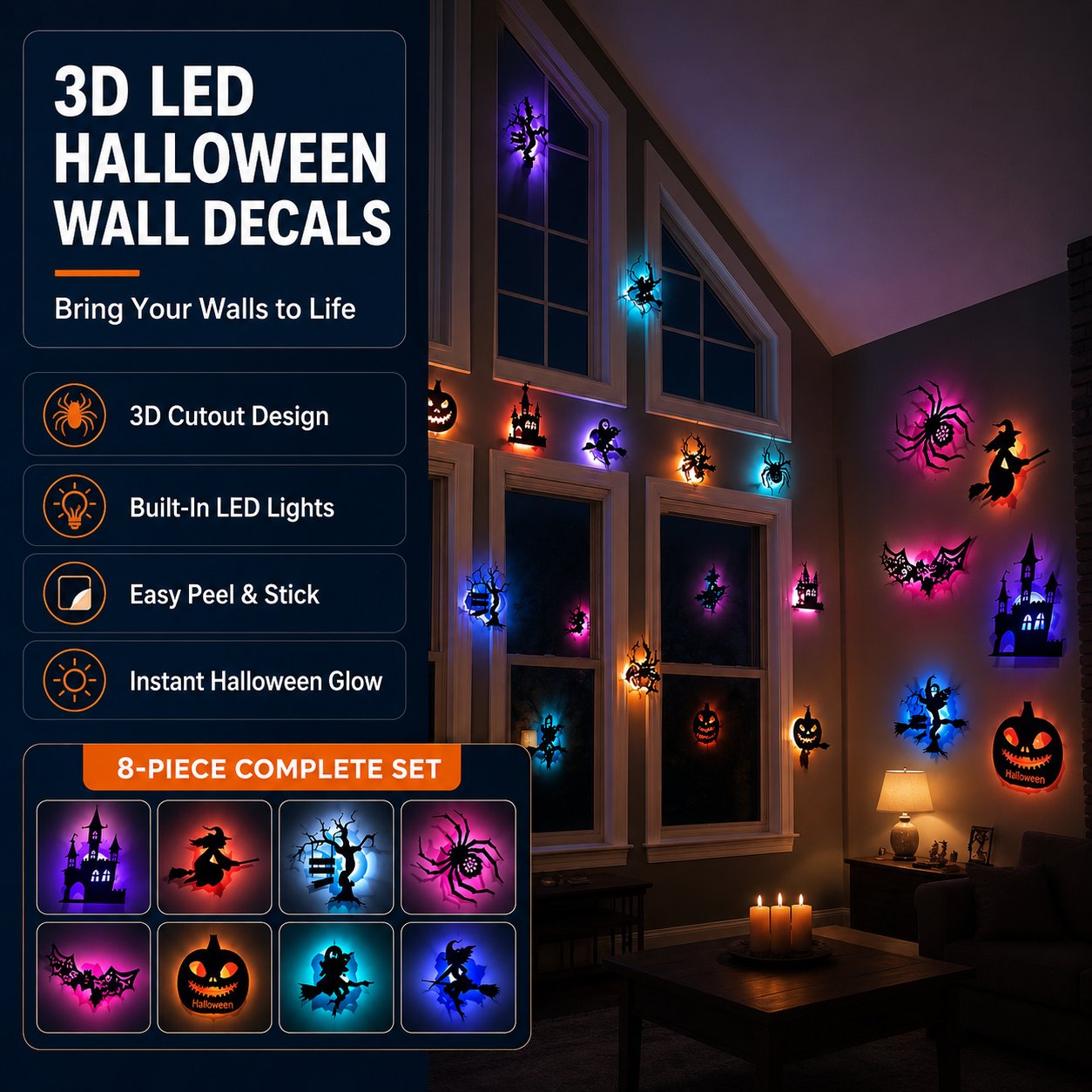 👻 8 darabos 3D villogó LED-es halloweeni falmatricák 🎃