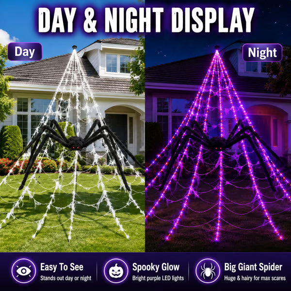 Halloween LED pókháló fények és óriás fekete pók dekoráció | 250 LED, 8 üzemmód, távirányító