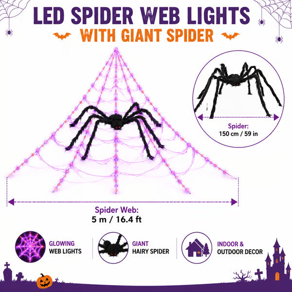 Halloween LED pókháló fények és óriás fekete pók dekoráció | 250 LED, 8 üzemmód, távirányító