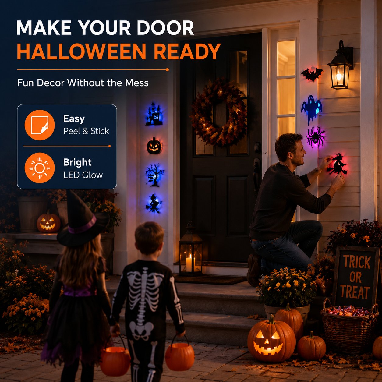 👻 8 darabos 3D villogó LED-es halloweeni falmatricák 🎃