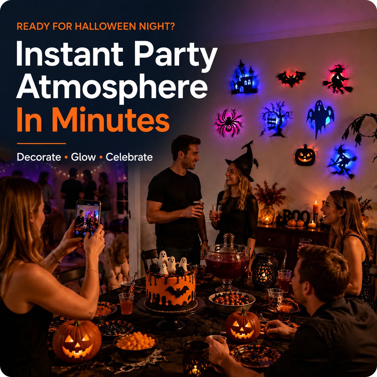 👻 8 darabos 3D villogó LED-es halloweeni falmatricák 🎃