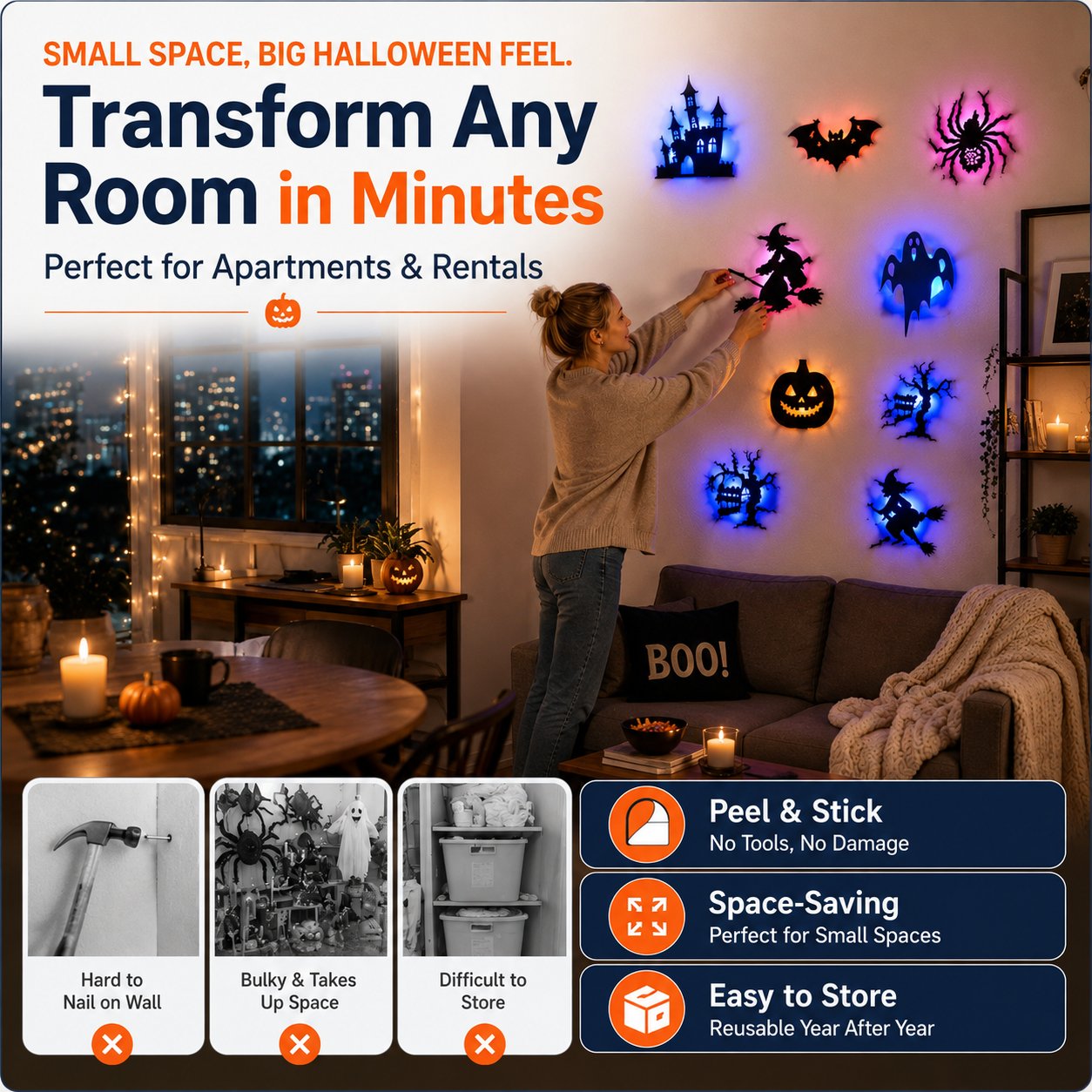 👻 8 darabos 3D villogó LED-es halloweeni falmatricák 🎃