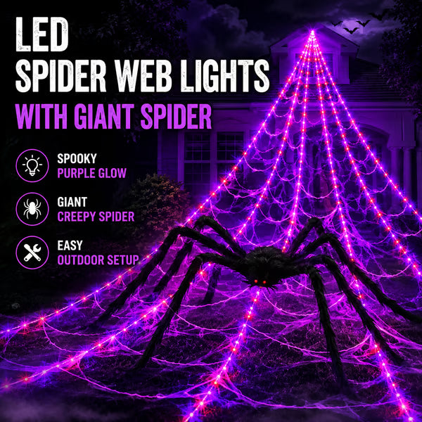 Halloween LED pókháló fények és óriás fekete pók dekoráció | 250 LED, 8 üzemmód, távirányító