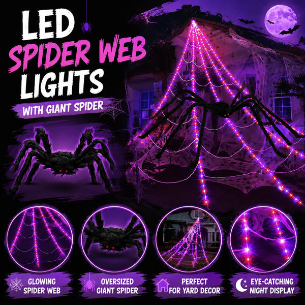 Halloween LED pókháló fények és óriás fekete pók dekoráció | 250 LED, 8 üzemmód, távirányító