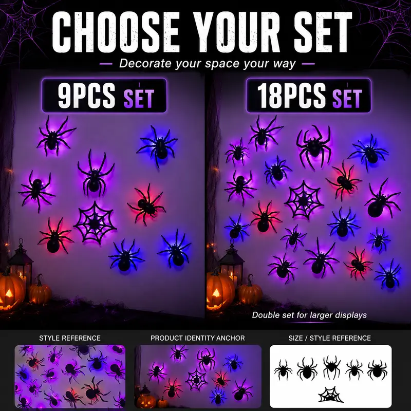 Halloween falmatricák 3D pókokkal és villogó LED fényekkel