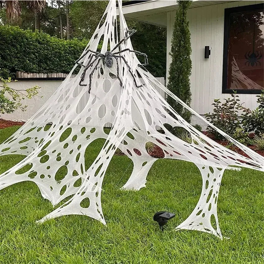 Óriás, rugalmas pókháló halloweeni dekoráció, 6 méteres pókháló, kültéri, ijesztő, beltéri kísértet, újrafelhasználható, hátborzongató parti, kötelező darab