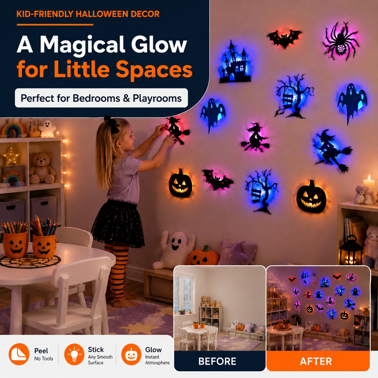 👻 8 darabos 3D villogó LED-es halloweeni falmatricák 🎃