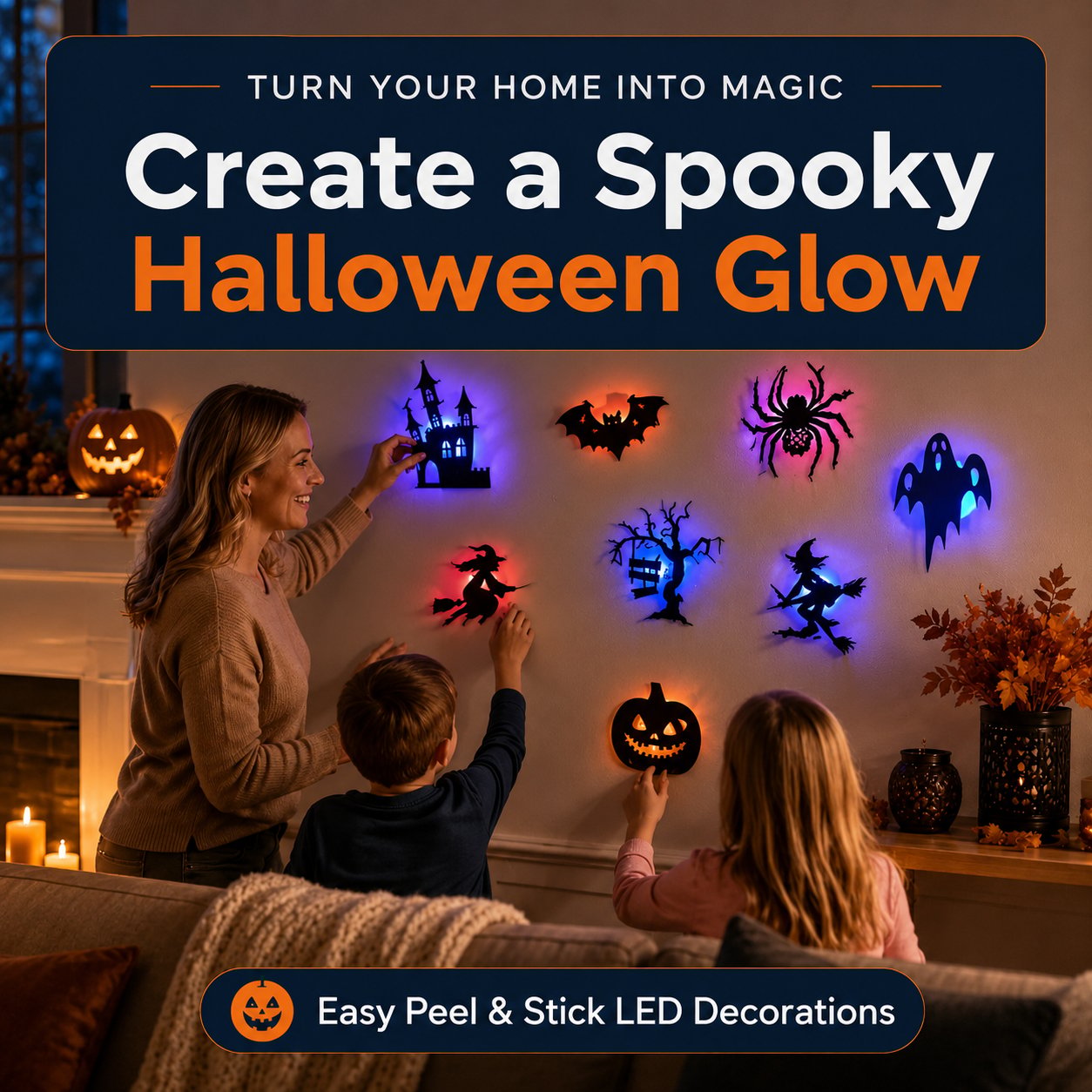👻 8 darabos 3D villogó LED-es halloweeni falmatricák 🎃