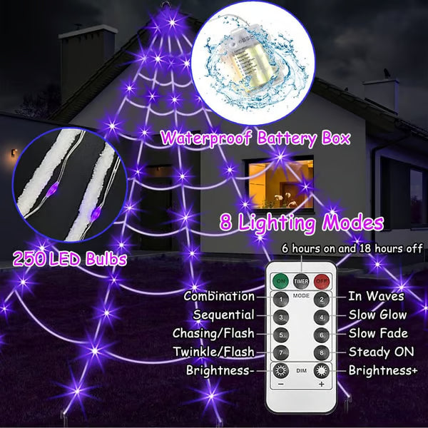 Halloween LED pókháló fények és óriás fekete pók dekoráció | 250 LED, 8 üzemmód, távirányító
