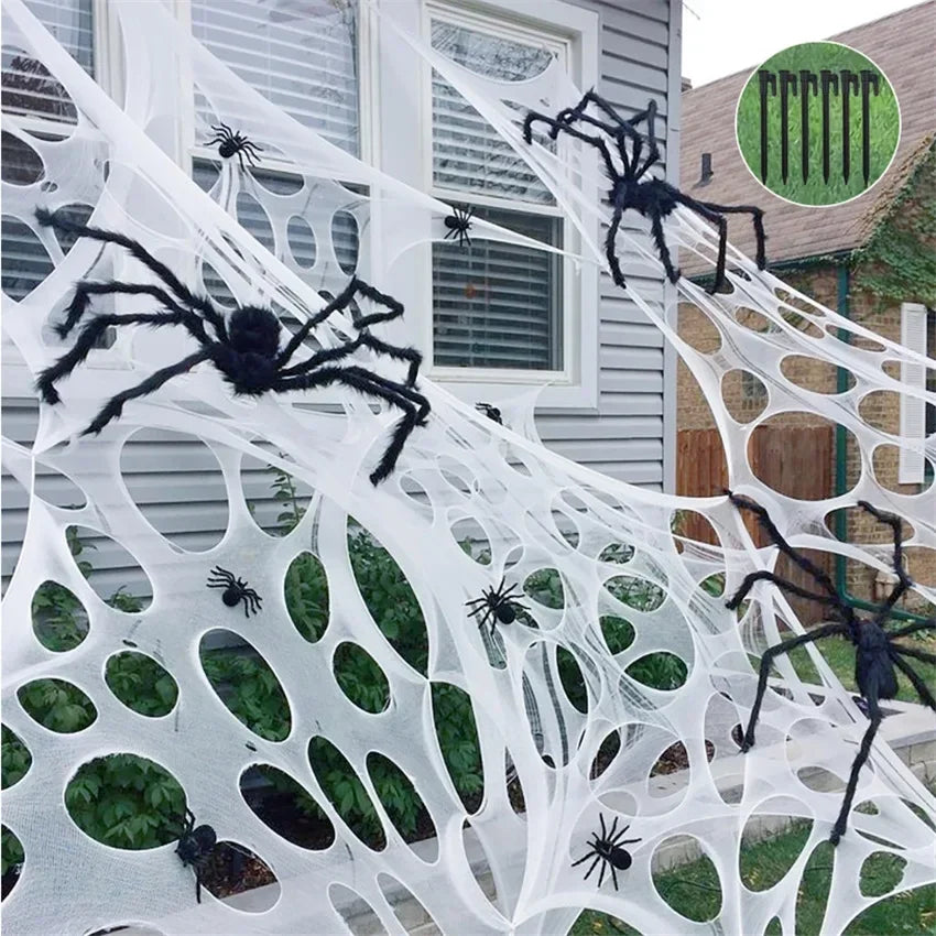 Óriás, rugalmas pókháló halloweeni dekoráció, 6 méteres pókháló, kültéri, ijesztő, beltéri kísértet, újrafelhasználható, hátborzongató parti, kötelező darab