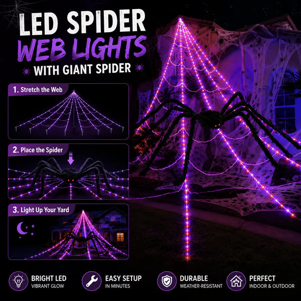 Halloween LED pókháló fények és óriás fekete pók dekoráció | 250 LED, 8 üzemmód, távirányító