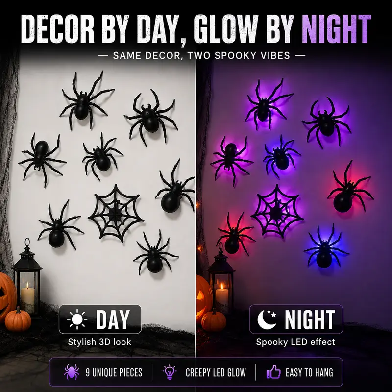 Halloween falmatricák 3D pókokkal és villogó LED fényekkel
