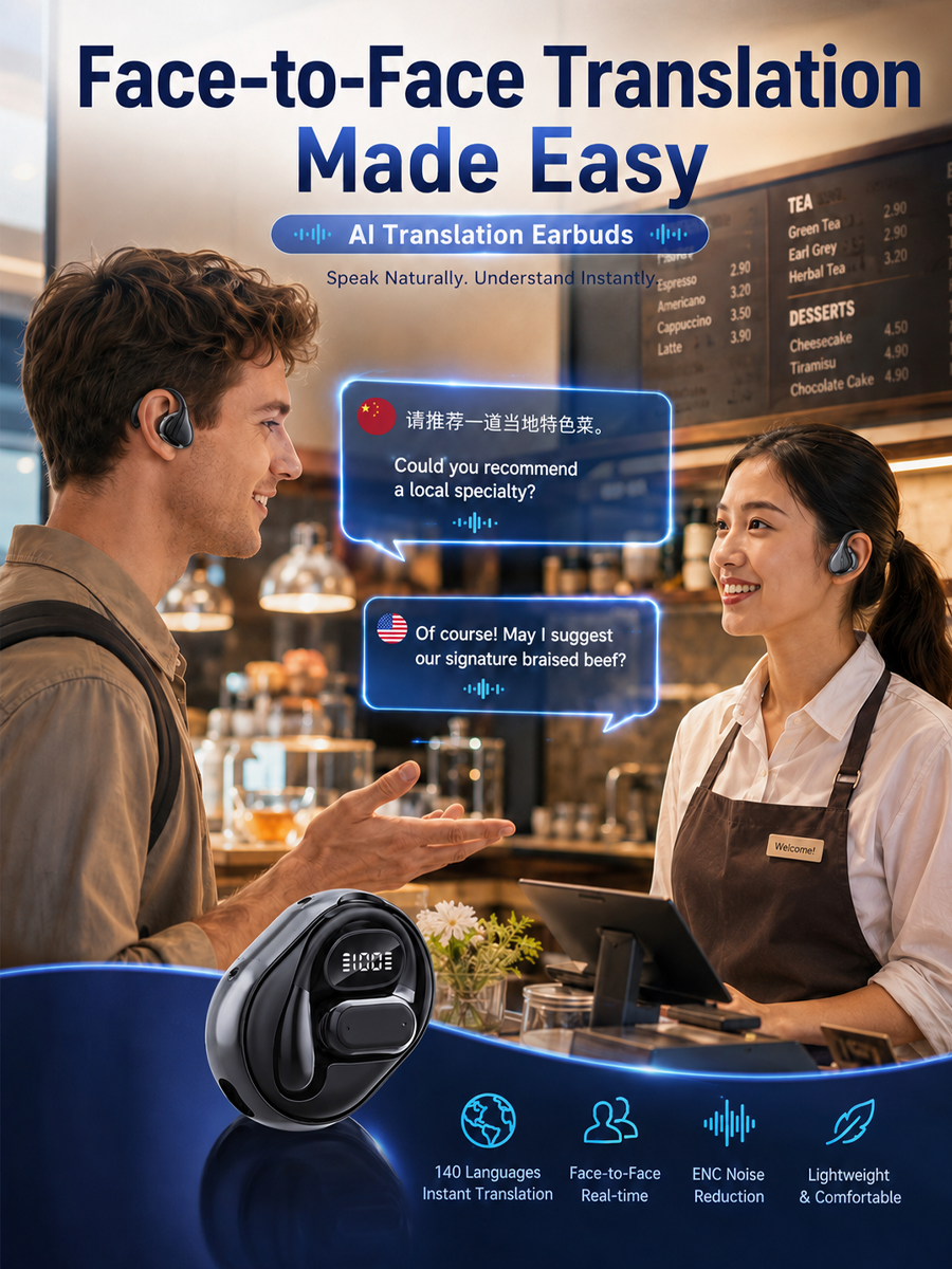 140 Languages AI Real-Time Translation Open Ear Wireless Earbuds | ENC Noise Reduction Translator Headset