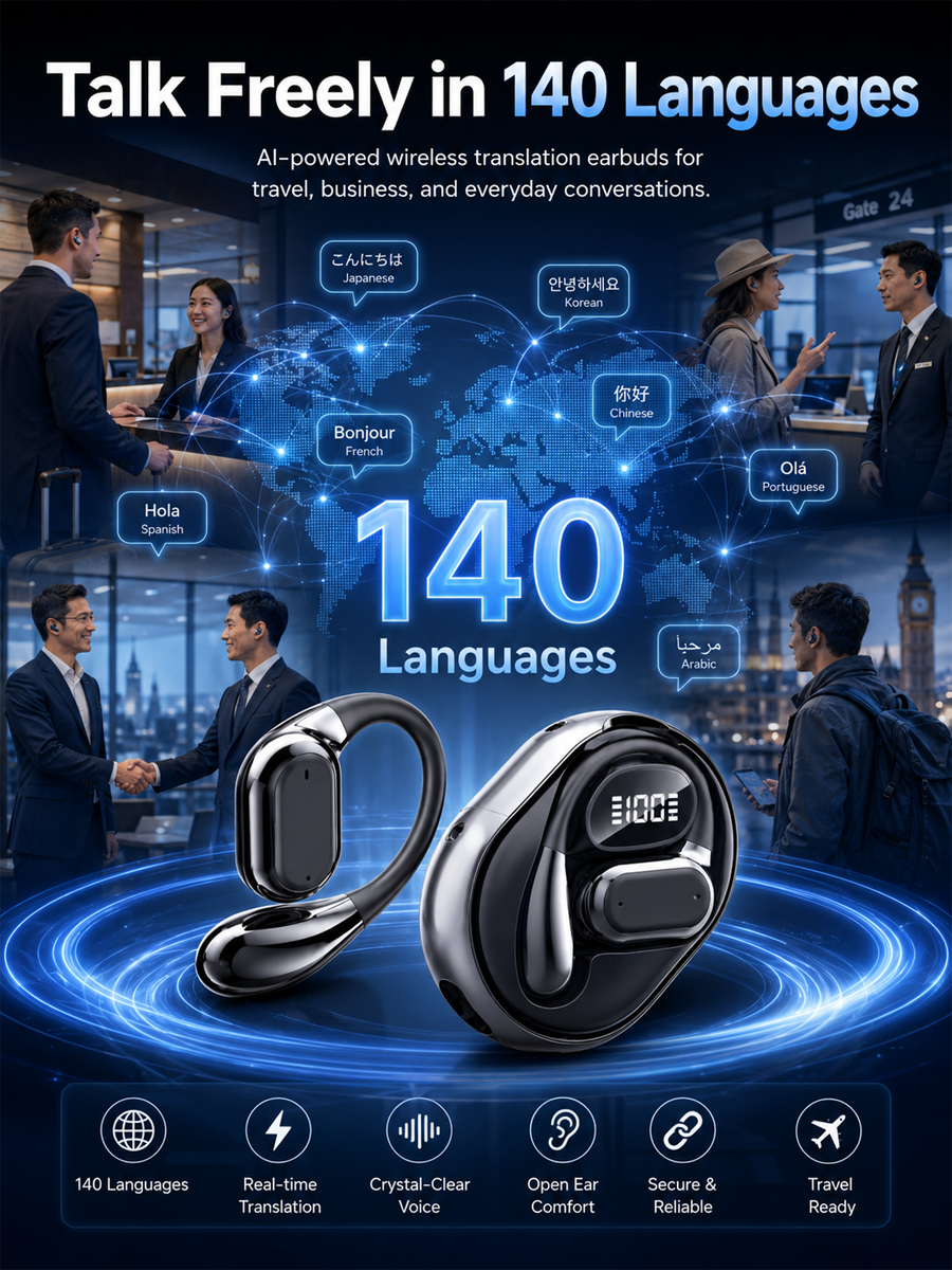140 Languages AI Real-Time Translation Open Ear Wireless Earbuds | ENC Noise Reduction Translator Headset