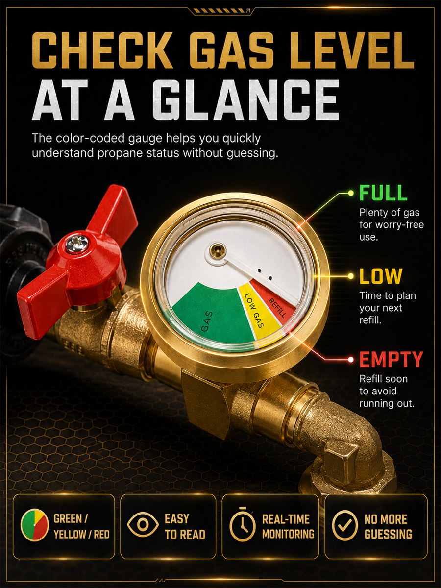 Propane Tank Pressure Gauge & Shut-Off Valve – Leak-Proof Brass Safety Monitor with Visual Pressure Indicator