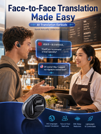 140 Languages AI Real-Time Translation Open Ear Wireless Earbuds | ENC Noise Reduction Translator Headset