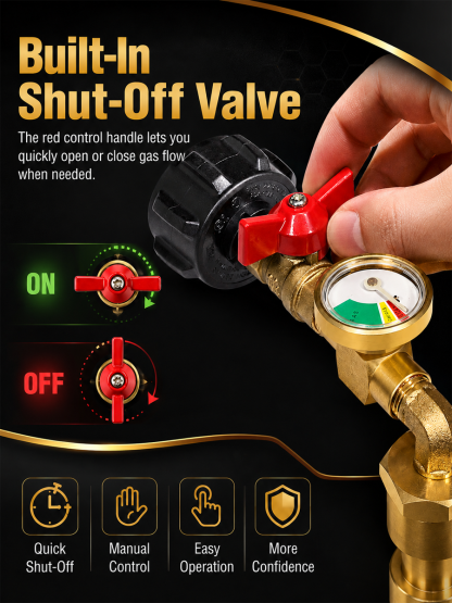 Propane Tank Pressure Gauge & Shut-Off Valve – Leak-Proof Brass Safety Monitor with Visual Pressure Indicator