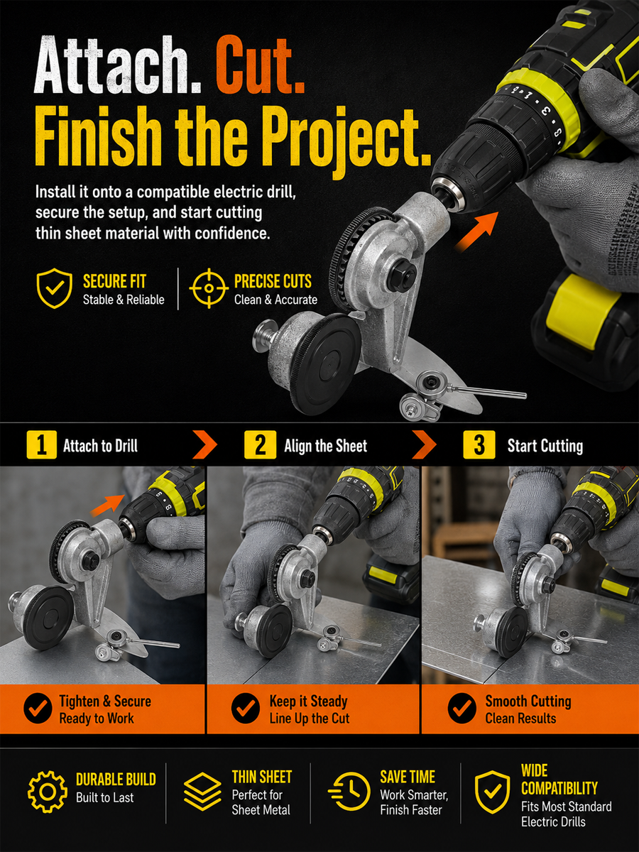 Drill-Powered Sheet Metal Cutter Attachment – Cut Faster, Cleaner & Easier